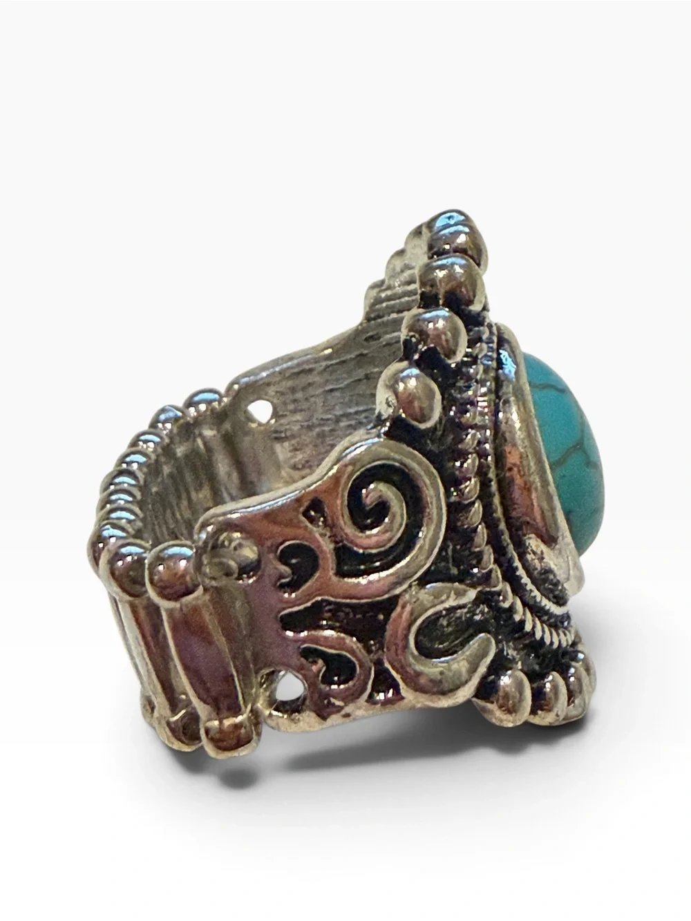 Turquoise Color Stretch Ring Silver Tone Western Boho Southwestern Statement 9